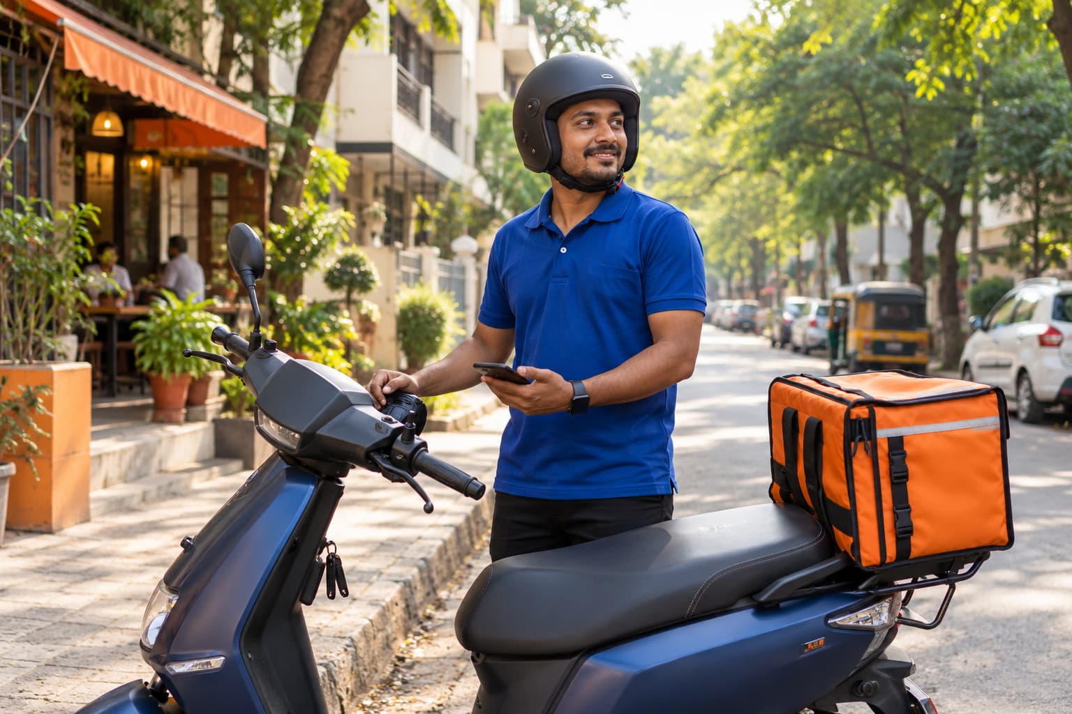 Delivery rider on an electric scooter in a lively city street