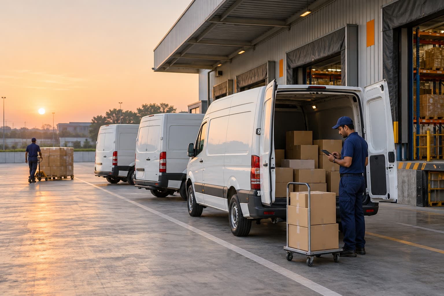 Delivery vans being loaded at a logistics dock at dawn