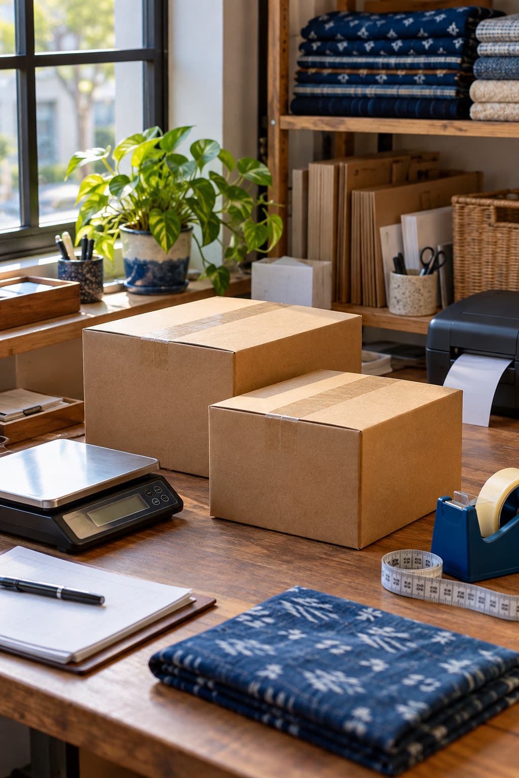 Carefully organised shipping workbench with parcels, scale and packaging tools