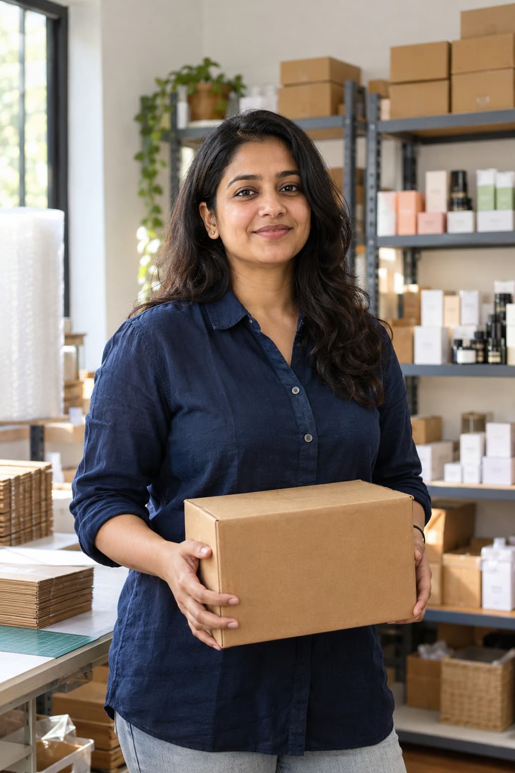 Founder of a D2C brand holding a parcel in her micro-warehouse